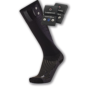 Black heated ski sock and portable batteries